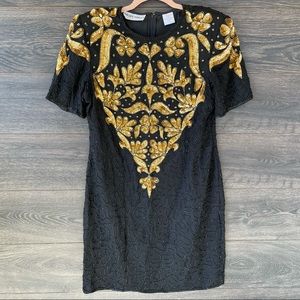 NIGHT VOGUE | VTG vintage Silk Black Gold Bead Shift Mini Dress